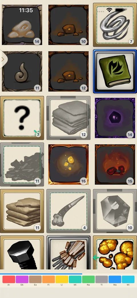 looots development screenshot showing a grid of resources, crafting materials, and elemental magic